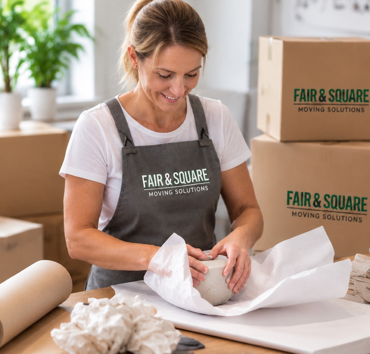 Fair and Square team member carefully wrapping a fragile item