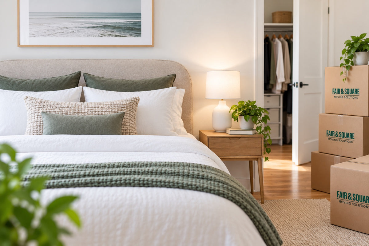 Fair and Square branded moving boxes in a styled bedroom mid-unpack