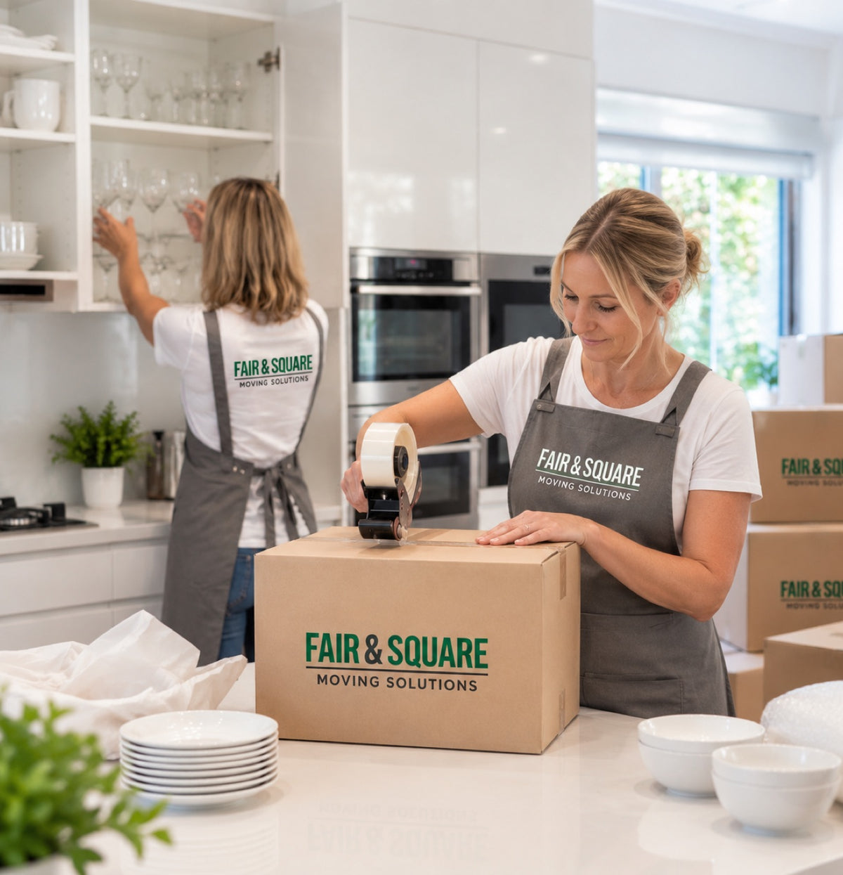 Fair and Square packing team wrapping kitchen glassware
